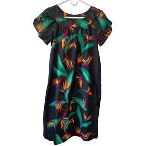 Vintage 70s Hilo Hattie's Muumuu Kaftan Dress Black Birds of Paradise Size Small